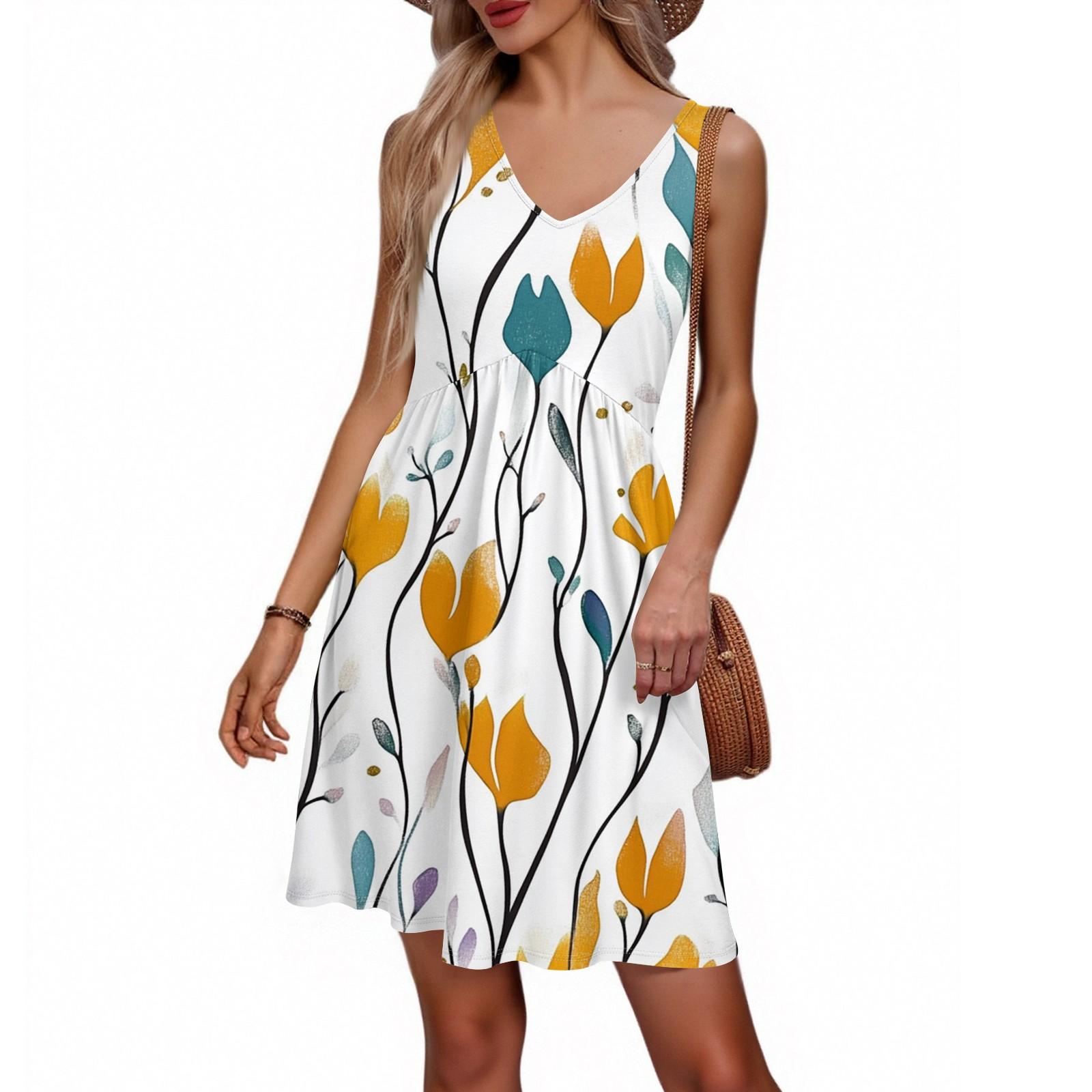 

Женское летнее платье с V-образным вырезом в повседневном пляжном стиле для отпуска, в стиле ретро с цветочным принтом, без рукавов, с лоскутным дизайном XL белый