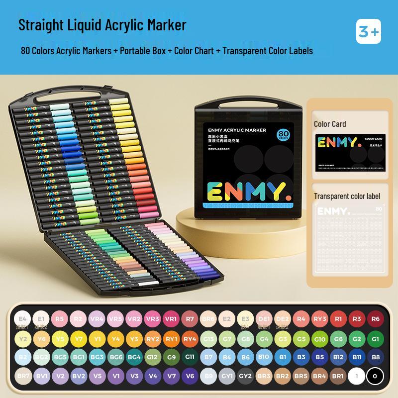 Enmi Likit Akrilik Marker Seti - 80 Renk, Yumuşak Uçlu, Katmanlanabilir, Çocuklar İçin Boyama, Siyah Kutu