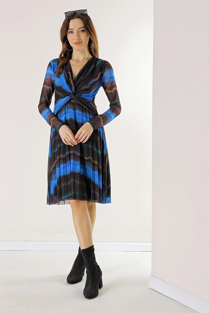 Kruvaze Yaka Astarlı Önü Düğümlü Dalga Desen Plisoleyli Tül Elbise