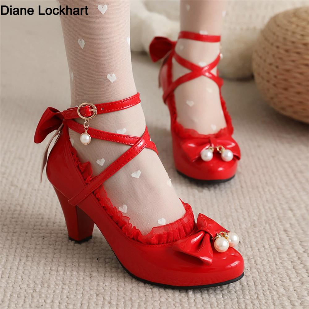Mode Frühling Damen High Heels Kreuzriemen Mary Jane Pumps Party Hochzeit Cosplay Weiß Rot Schwarz Schnurperle Schleife Prinzessin Lolita Schuhe