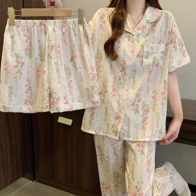 [Three-Piece Set] Summer Cloud Cotton Short-Sleeved Pajamas Women'S Pastoral Floral Niche Loungewear Can Be Worn Outside