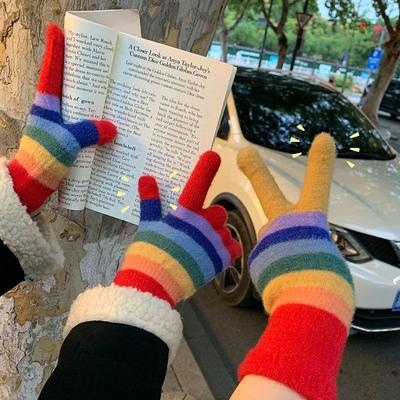 New Winter Color Striped Gloves Female Cycling Skiing Warm Windproof All-inclusive Sub-fingers Students Can Drive