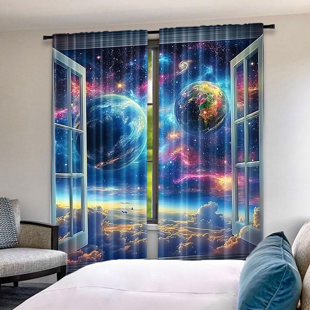 2Pcs Space Galaxy Curtains Universe Nebula Galaxies Solar Planet Suitable For Bedroom Living Room Dining Room And Bathroom