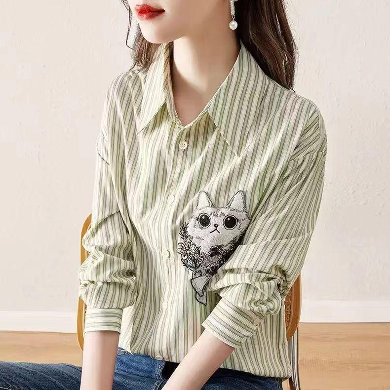 New Striped Shirt Women Lapel Long Sleeve Tops Versatile  Loose Cat Embroidery Blouse