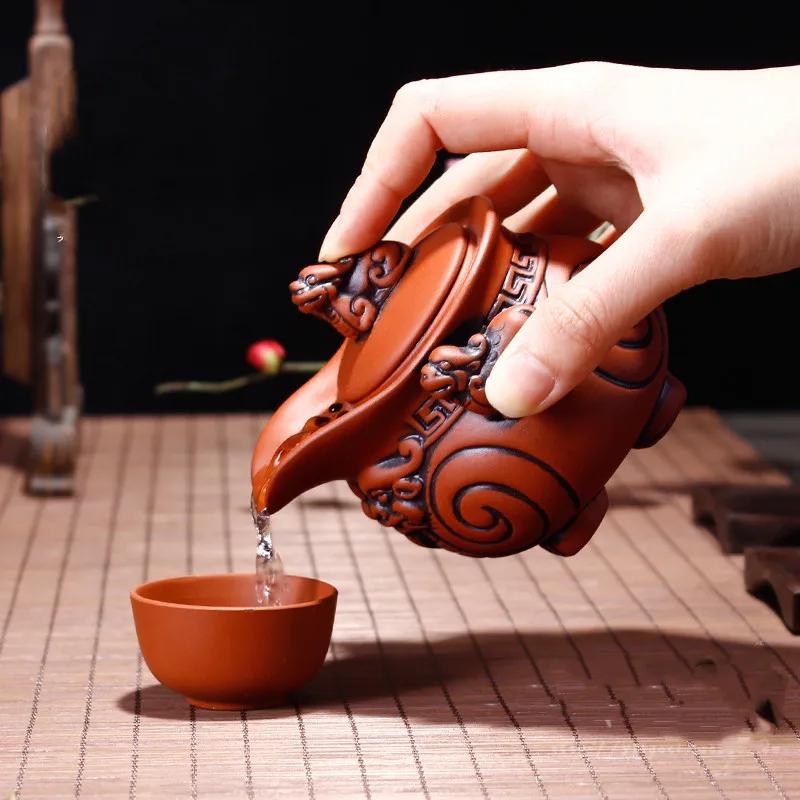 Chinese Style Lucky Four Corners Handmade Beauty Kettle Tea Set Customized Home Teapot Purple Clay Hand Holding Pot Gifts