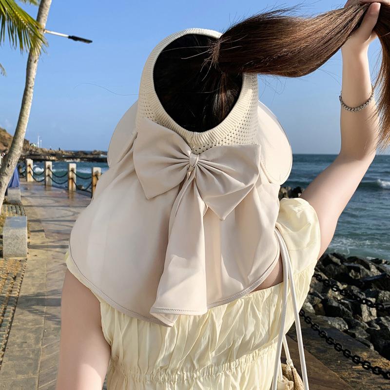 Summer New Hat Women's High-end Sense Diamond-encrusted Letter Mark Sun Protection Sun Hat Empty Top Bow Neck Protection Shawl Hat