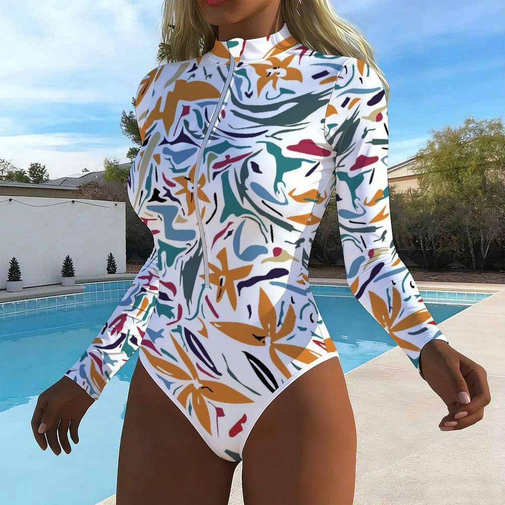 Women Long Sleeve One Piece Swimsuit Zip Front Butterfly Flowers Print Rash Guard Surfing Bathing Suit