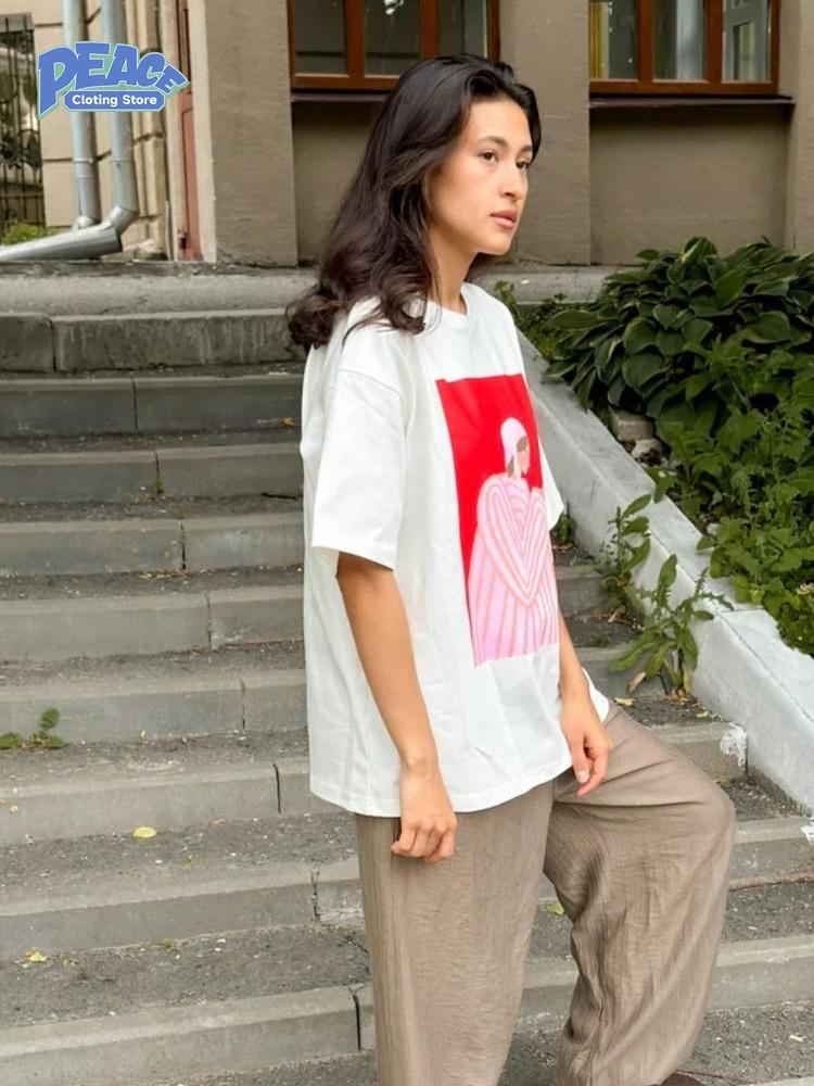 Retro Casual Printed T-shirt Women's Clothing 100% Cotton T-shirt Summer Fashion Short Sleeve Top Harajuku Commute Graphic Tee