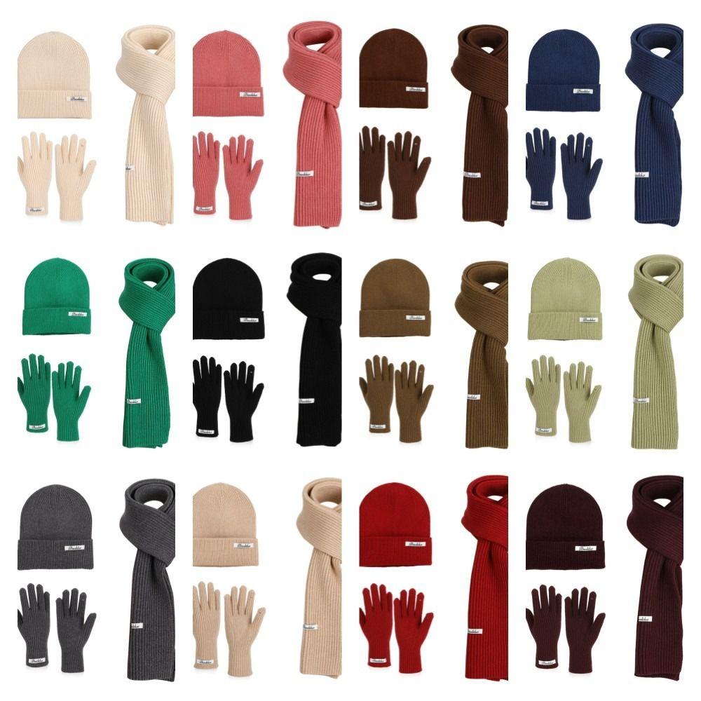 Solid Color Hat Scarf Gloves Set Warm Winter Beanie Hat Neck Warmer Thermal Knit Cap Hiking