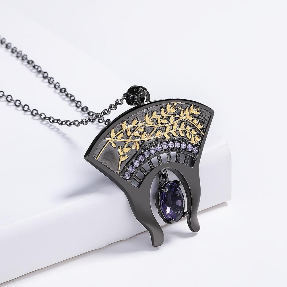 Vintage Black and Gold Two tone Fan shaped Blue Zircon Necklace