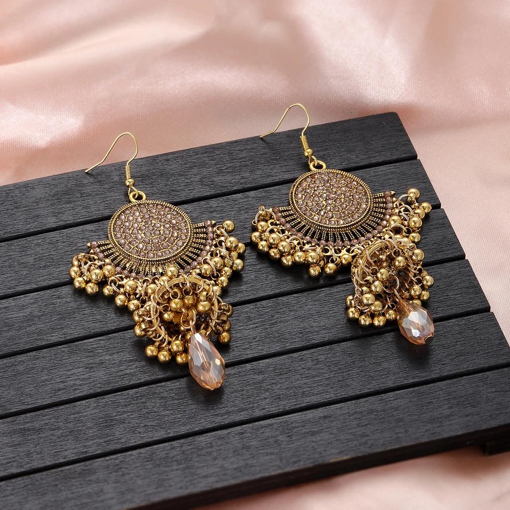 New Vintage Colorful Crystal Earring for Women Luxury Gold Color Round Carved Bell Pendant Earrings Girl Female Boho Jewelry