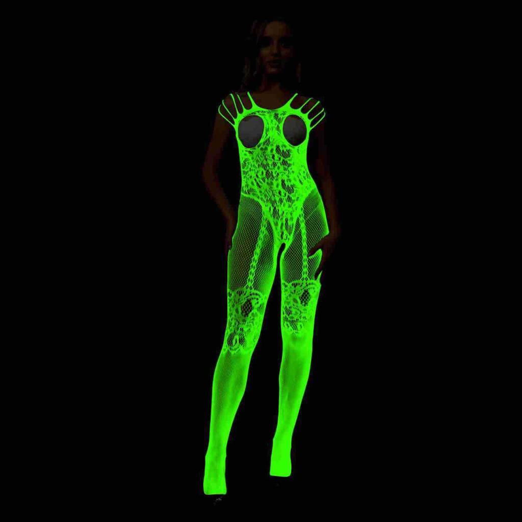 Luminous jumpsuits, fishing nets, stockings, battle suits, night outdoor one-piece women's flavor raw split ends, nude feeling, reflective