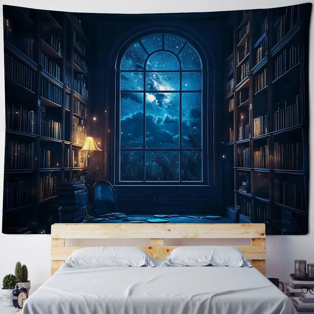 Magic Bookshelf Wall Mounted Tapestry Library, Living Room Background Cloth, Aesthetic Bedroom Decoration, Dreamy Home Decor