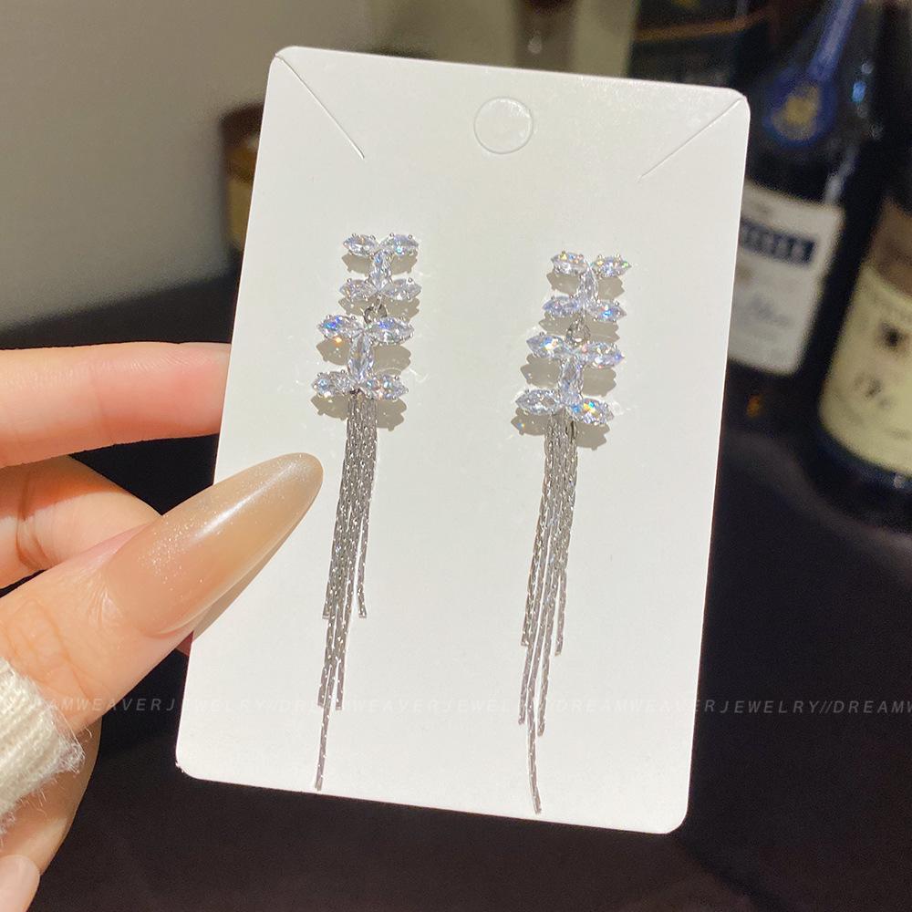 925 Sterling Silver Full Diamond Tassel Earrings – High-End European & American Style, Super Shiny, Luxurious Ear Jewelry for Women.
