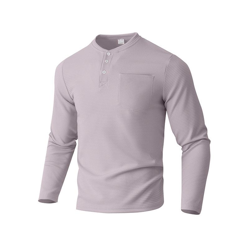 Men Black Waffle Knit Henley Long Sleeve Shirt With Chest Pocket