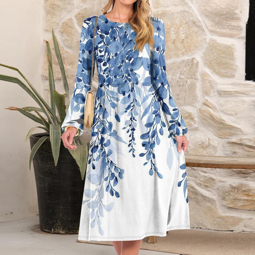 Women's fashionable loose retro printed round-neck dress