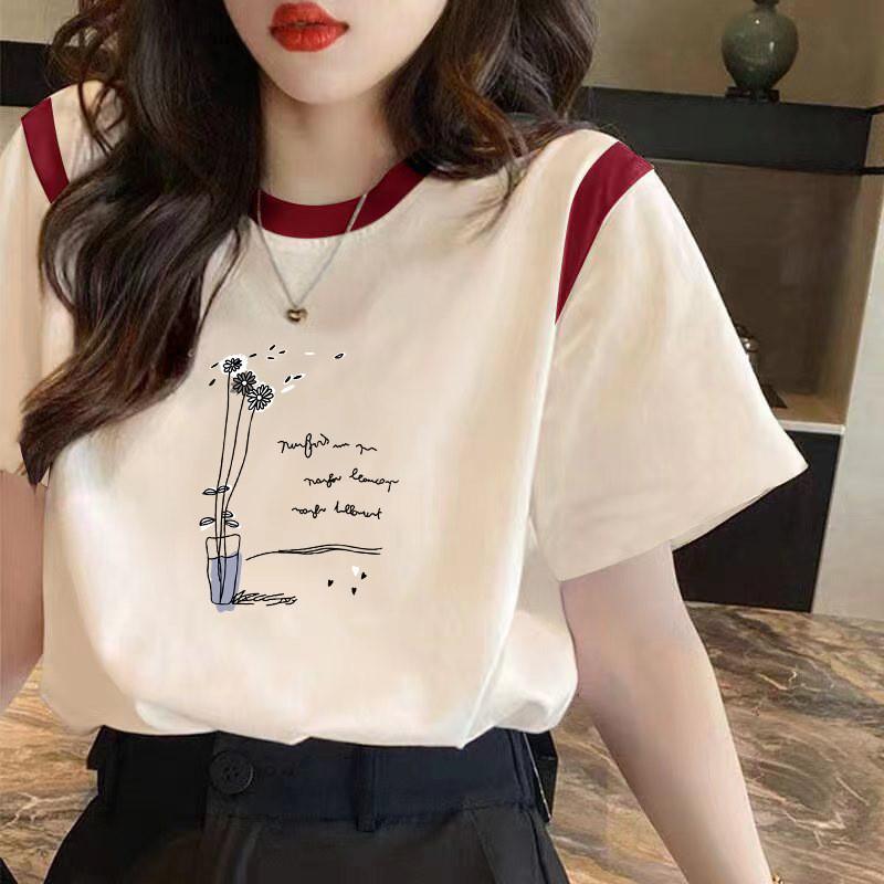 Floral Butterfly Print Short Sleeve T Shirt For Women With Splicing Cotton Relaxed Fit Summer Casual Wear