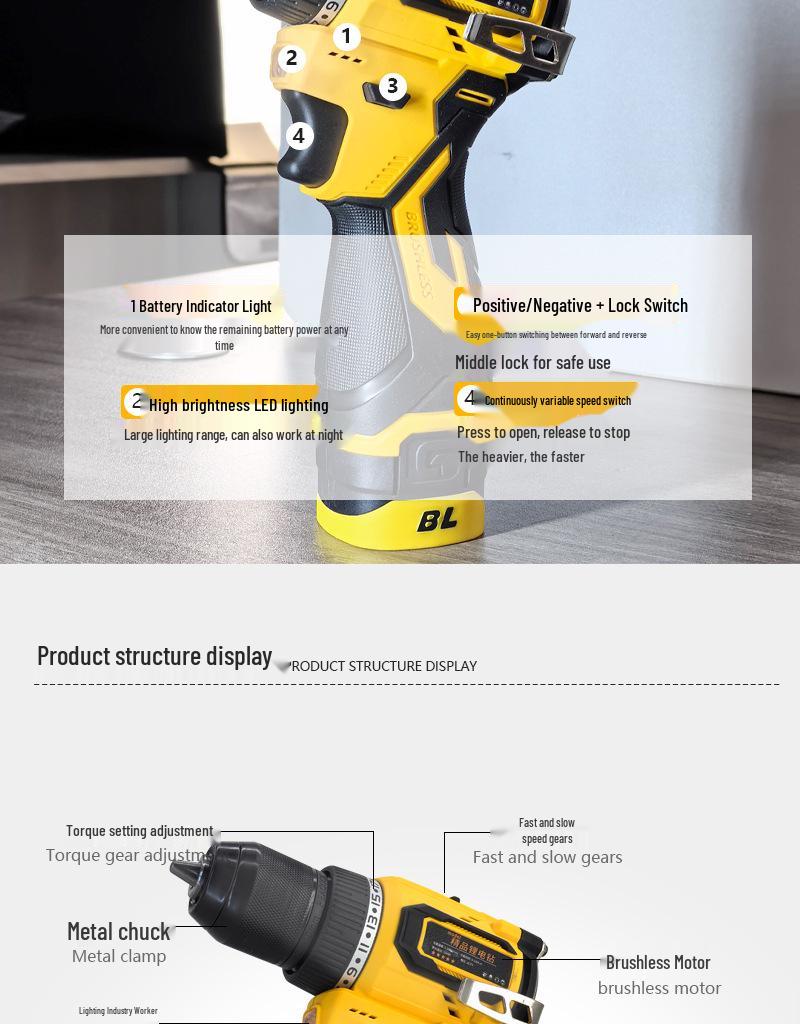 16.8V Brushless Lithium Hand Drill & Electric Screwdriver with Dual Speed and Self-Stopping