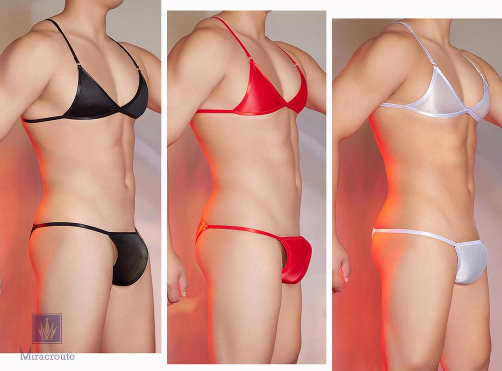 Bra Panty Smooth Clear Gay [Miracroute] Men's Set, Thin, Smooth, Fabric, Stockings, Bra, Shorts, String, Panties, (Black)