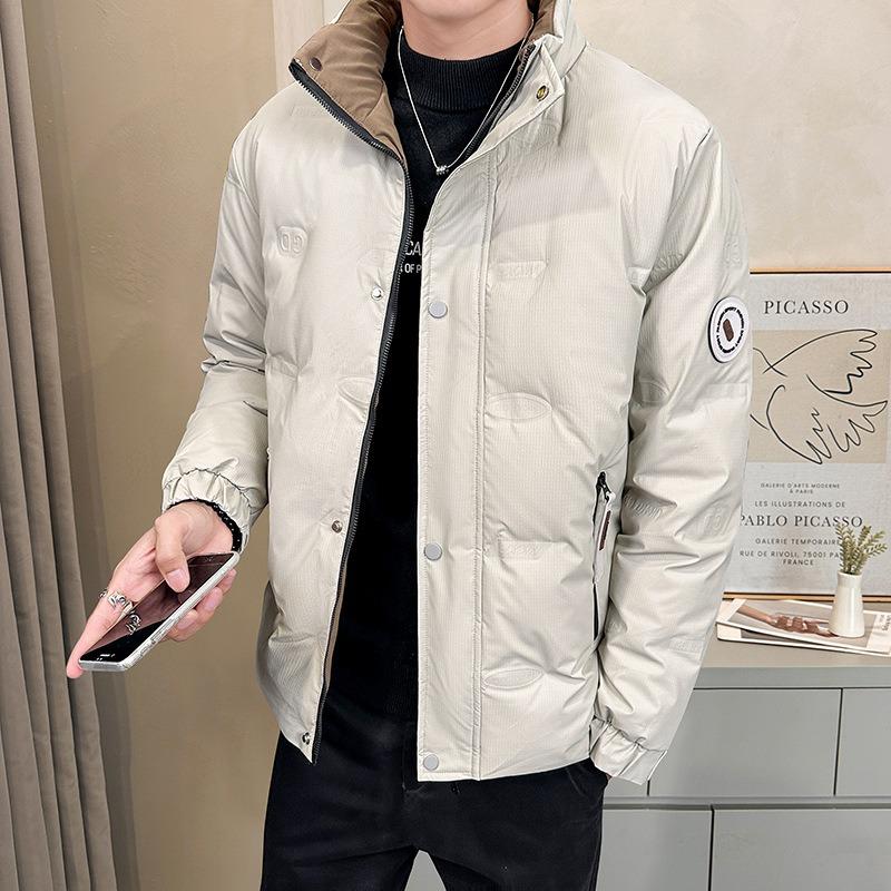 % White duck down jacket men's winter new warm and waterproof outdoor loose stand-up collar leather jacket men's clothing
