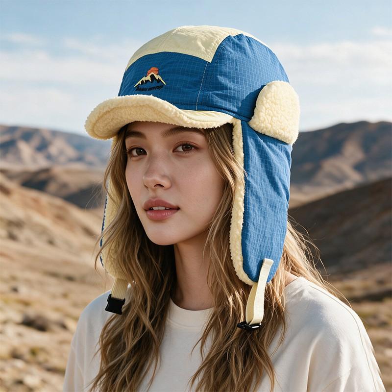 Unisex Winter Aviator-Style Earflap Hat With Embroidered Patch Windproof Warm Fleece Cap Skiing Hiking Outdoor