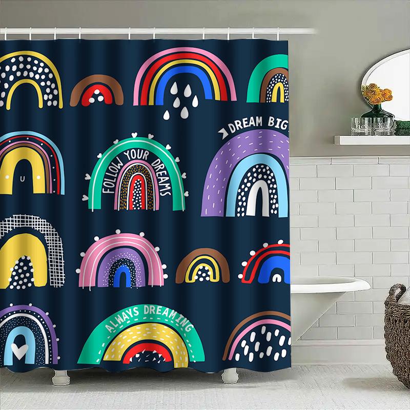 Rainbow Shower Curtain Waterproof Bathroom Decor Multicolor Non-Toxic Print Fabric Shower Curtains For Bathrooms Dark Navy Backg
