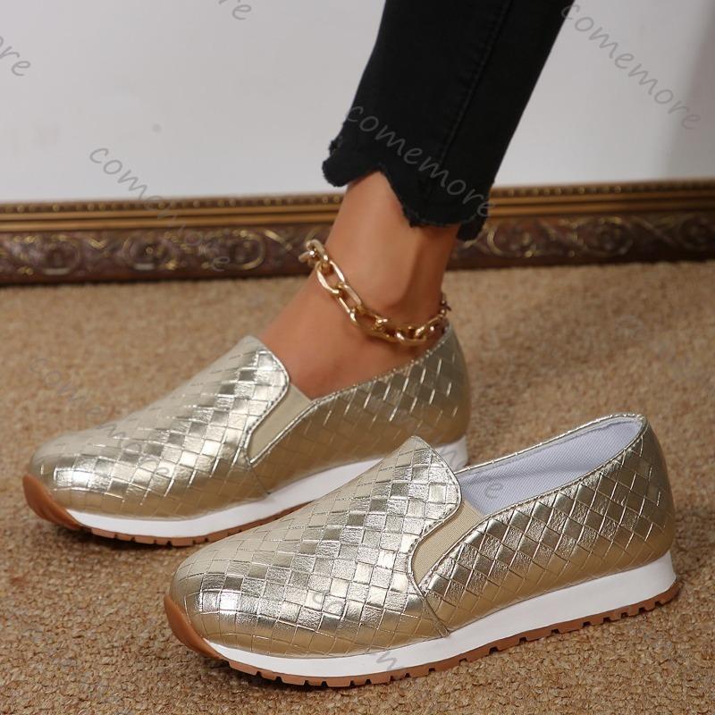 Fashion Comemore Spring Summer Flat Casual Shoes Sliver Gold Slip on Single Shoe Arge Size Soft Leather Round Head Elastic Women's Shoes