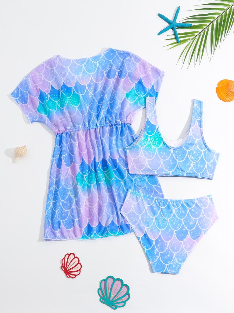 Girls' Fashion 3 Pieces Swimwear Set Printed Top Solid Short Sleeves Lace Up Cover-Up Swimsuit Bathing Suit