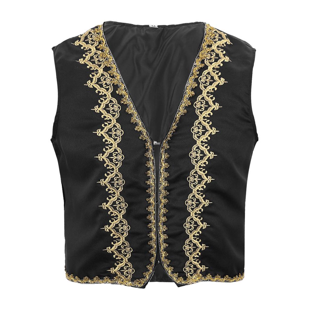 Mens Steampunk Victorian Vest Gold Trims Embroidery Open Front Design Medieval Gothic Waistcoat Arabian Costume