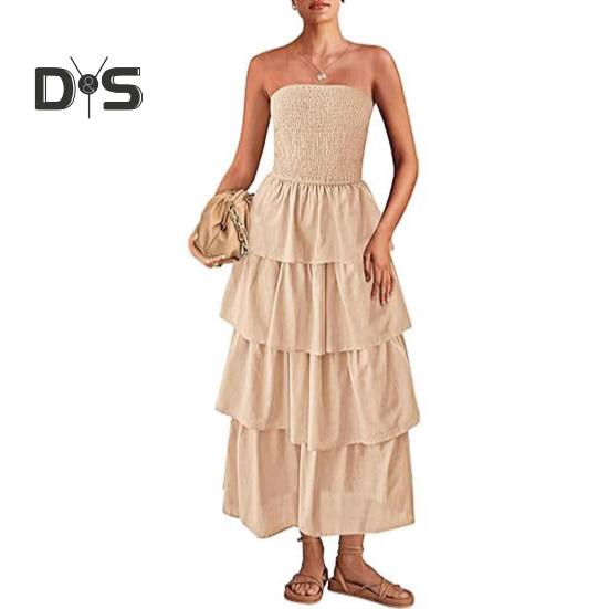 Trägerloses Kleid für Damen, schulterfrei, rückenfrei, ärmellos, Strandkleid, mehrlagiges Rüschenkleid, verstreuter Saum, Urlaubskleid, elastische Brust, Maxikleid