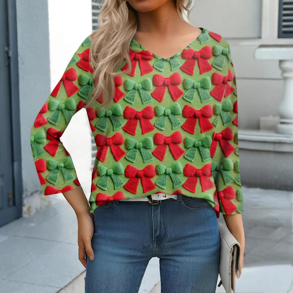 Women's Casual Fashionable Sexy Comfortable V-Neck Christmas Three-Quarter Sleeve Top