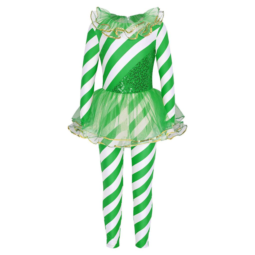 Girls Striped Jumpsuit Round Neck Long Sleeve Sequin Dance Leotard Christmas Party Wear