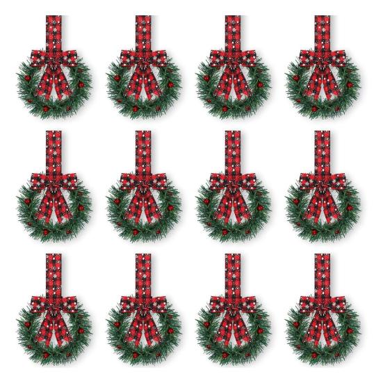 Christmas Mini Cabinet Wreath with Ribbon Bows Red Berries Artificial Small Kitchen Wreath for Window Wall Front Door Farmhouse Xmas Decor