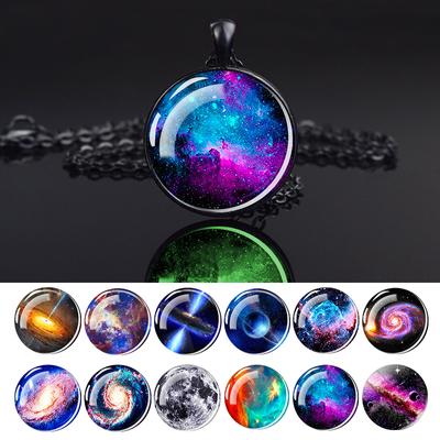 Galaxy Nebula Planet Necklace Black Chain Glass Pendant Necklace Space Jewelry