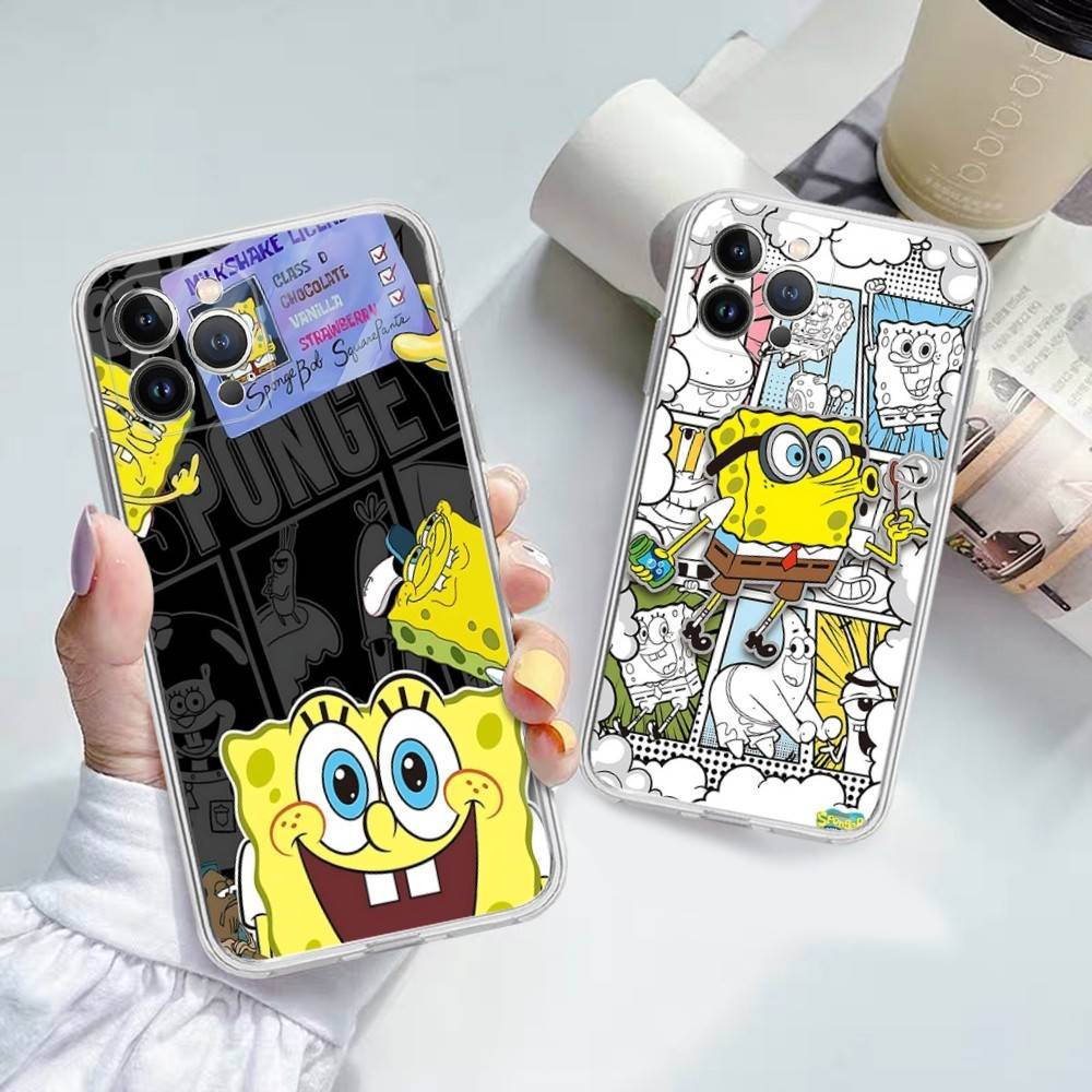 Cartoon Niedlich S-SpongeBob Anime Handyhülle Für IPhone 11 13 16 12 17 14 15 Pro Max Plus Weiche Klare Rückseite Hülle