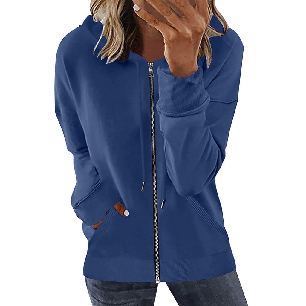 Women's Loose Fit Solid Color Zip Up Hooded Long Sleeve Sweatshirt Casual Pocket Hoodie Top