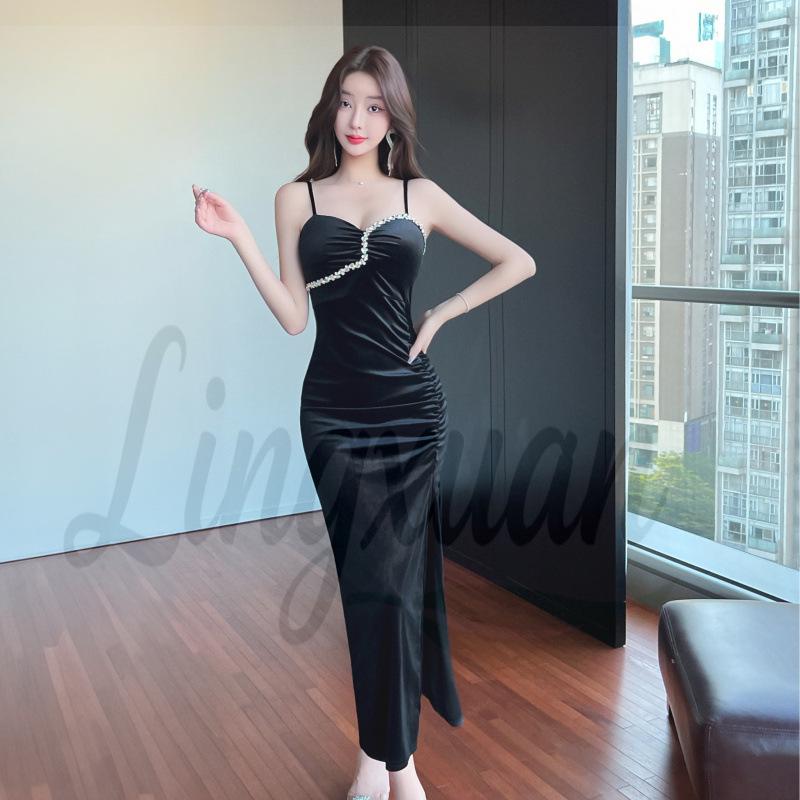Elegant Gold Velvet Low-Cut Camisole Dress with High-Slit – Perfect for Formal Banquets Large чёрный