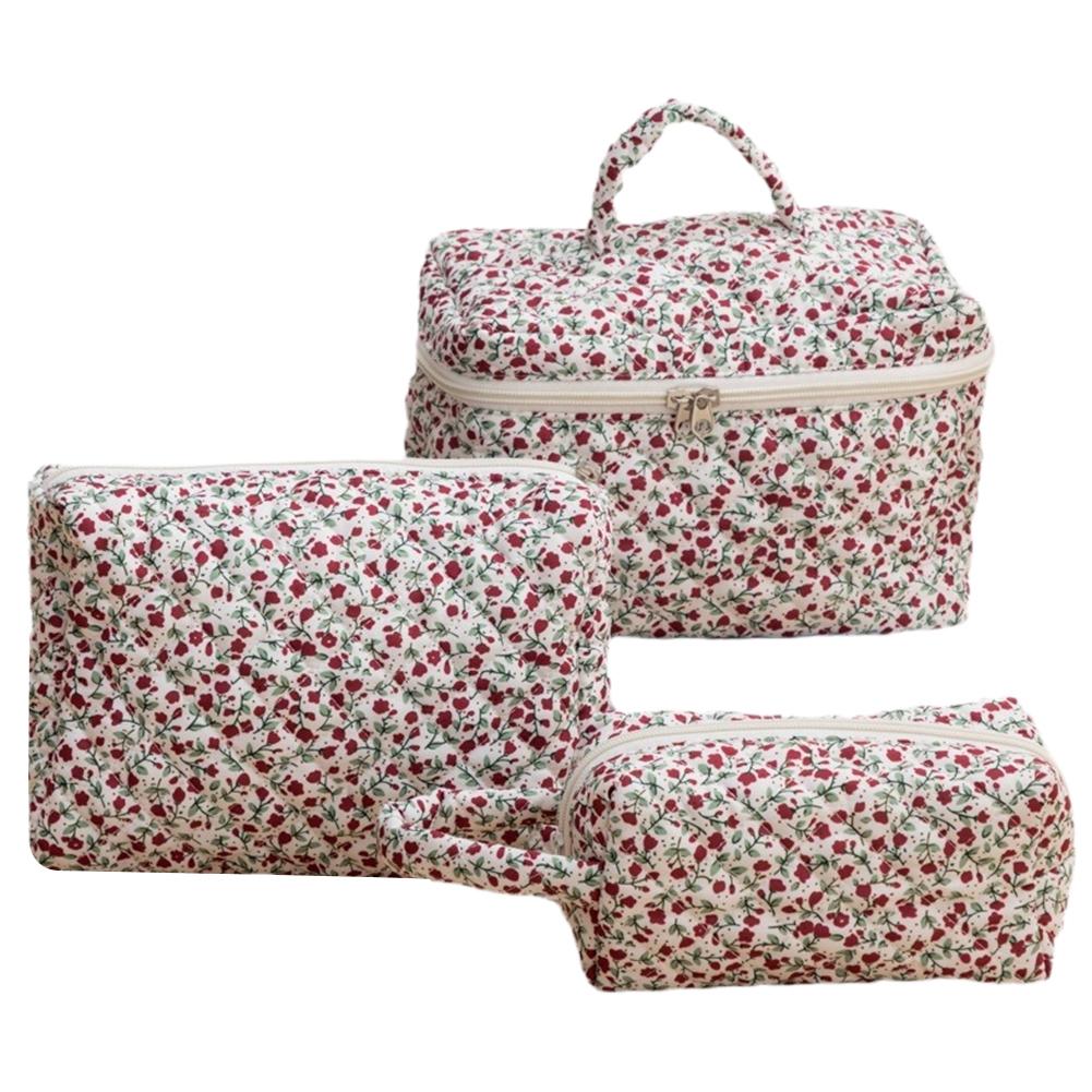 3Pcs Floral Toiletry Bag Cotton Quilted Makeup Organizer Storage Bag Large Capacity Cosmetic Organizer Case for Women and Girls