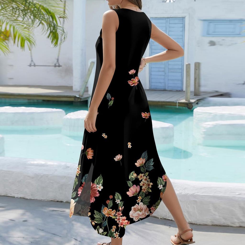 Women's 2024 Summer Casual Loose Sundress Long Dress Floral Print Sleeveless V Neck Split Tshirt Maxi Dresses