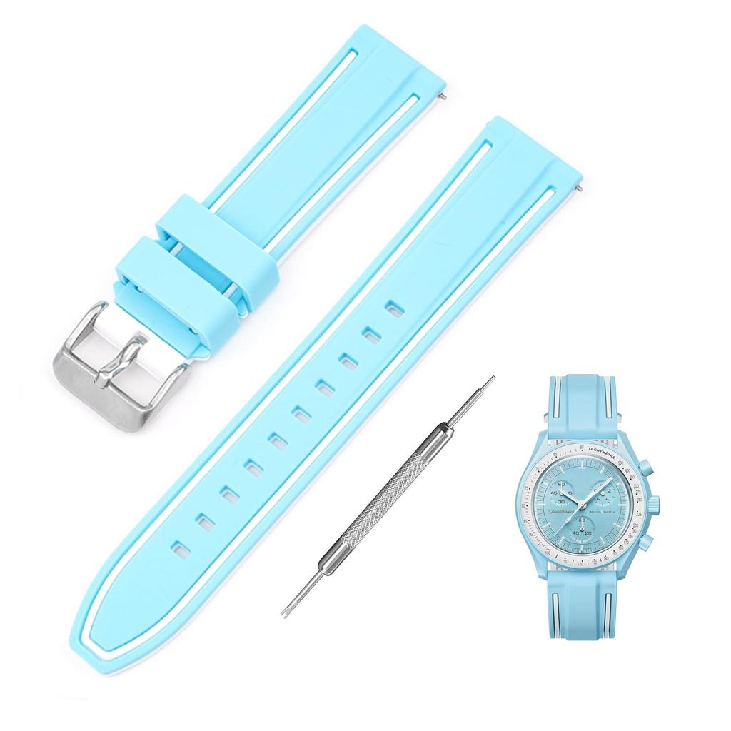 Jumpsunfun 20mm Watch Band for Swatch X OMEGA Speedmaster Silicone Watch Strap with Quick Release Replacement Light Blue with White Lines MoonSwatch,