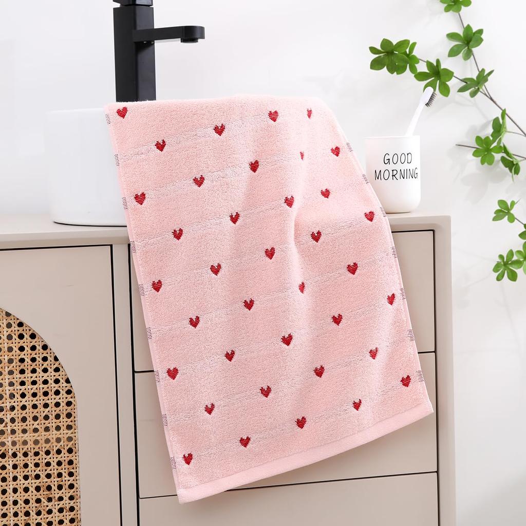 Cute Heart-patterned Face Towels, 100% Cotton, Towel Set, Gentle On Skin, Fast Absorbency, Fluffy, Soft, Fade-resistant, Minimal Lint (heart Pattern,