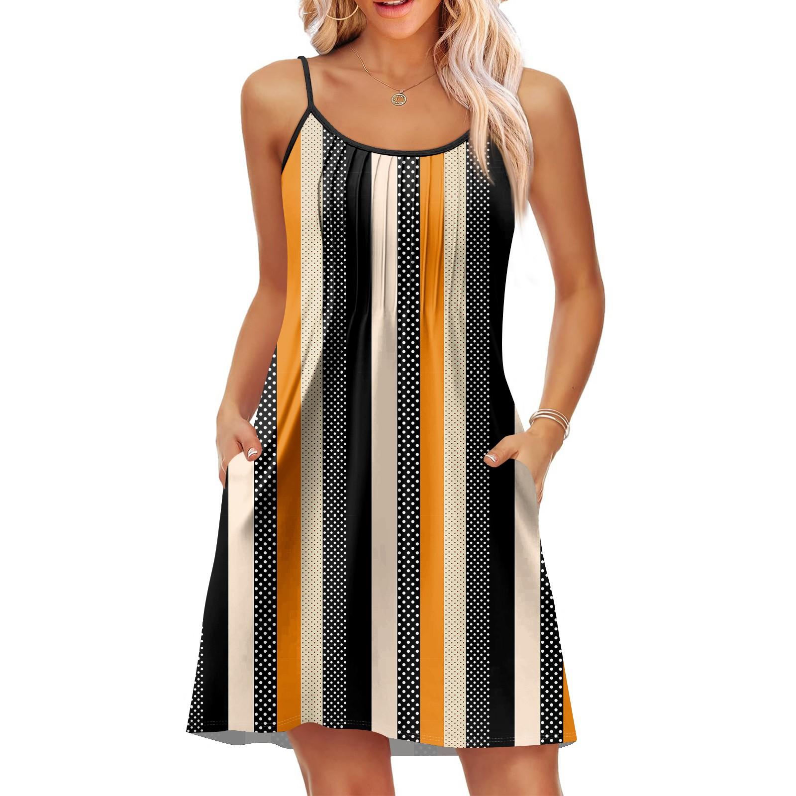 

Модна жіноча літня сукня вінтажного квіткового принта, регульовані бретелі-спагеті, пляжна, для відпустки, повсякденна сукня з кишенями XL помаранчевий