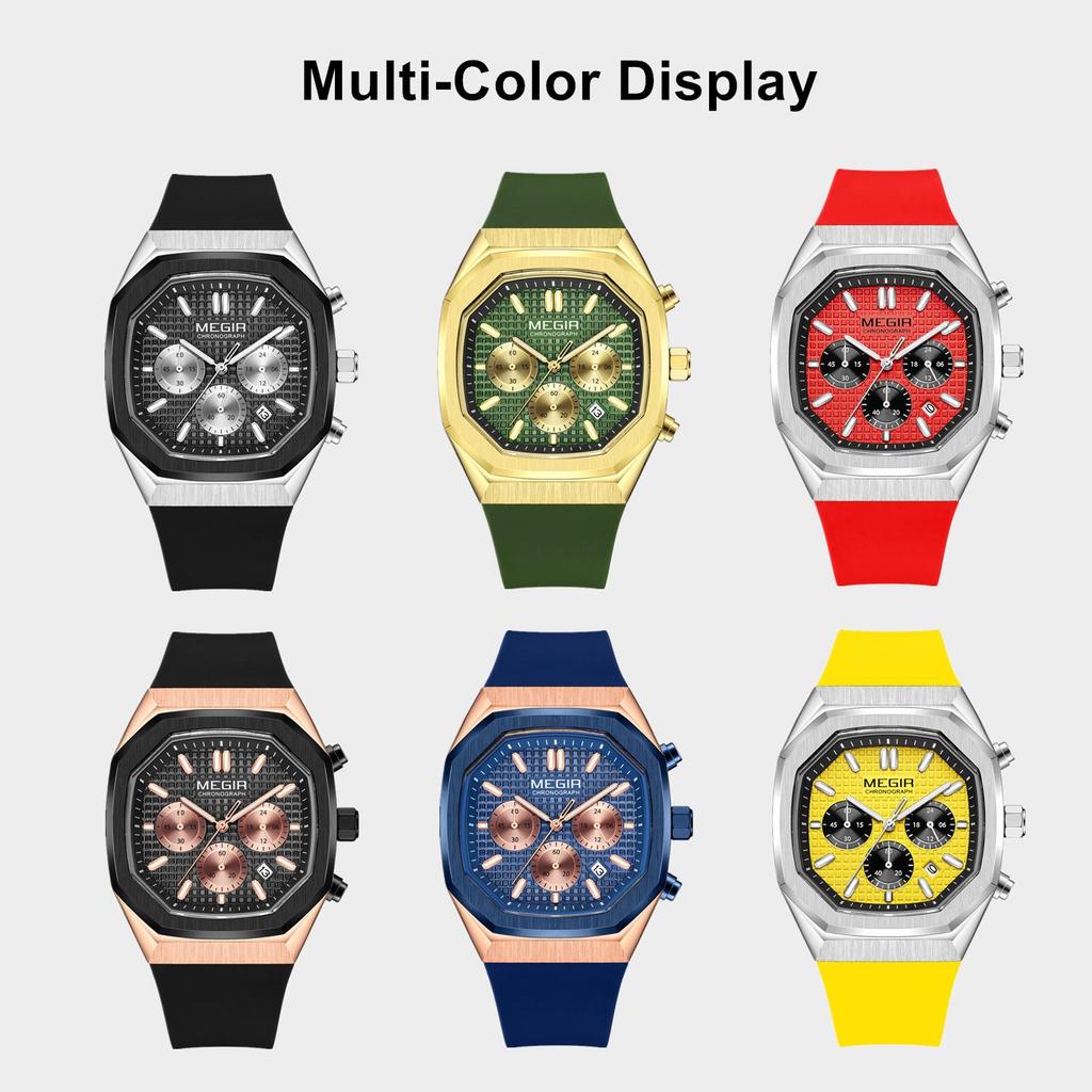 MEGIR Chronograph Fashion Sport Casual Watches for Men Silicone Waterproof Quartz Wristwatch Date Clock Reloj Hombre 2215