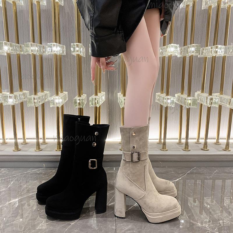 Vintage Platform Thick High Heel Women Mid-Calf Boots Fashion Slip On Autumn Winter Female Western Short Booties Botas De Mujer