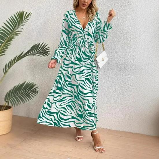 Zebra Print V-Neck Midi Dress - Elegant, Waist-Hugging, Long Sleeve, Autumn Fashion