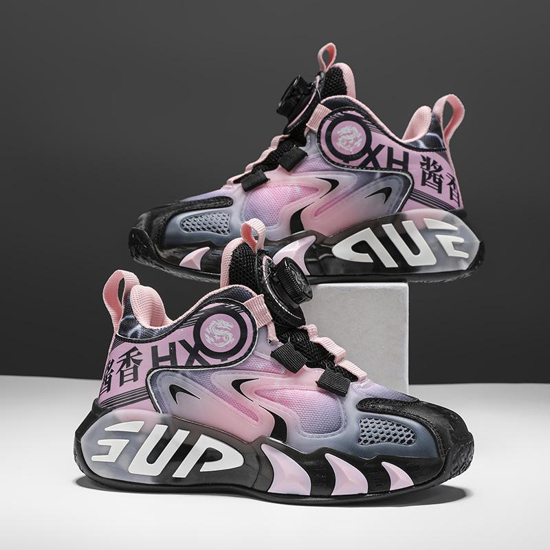 Autumn new men's and women's sports shoes rotating buckle free lace-up middle school children's primary school students basketball shoes lightweig