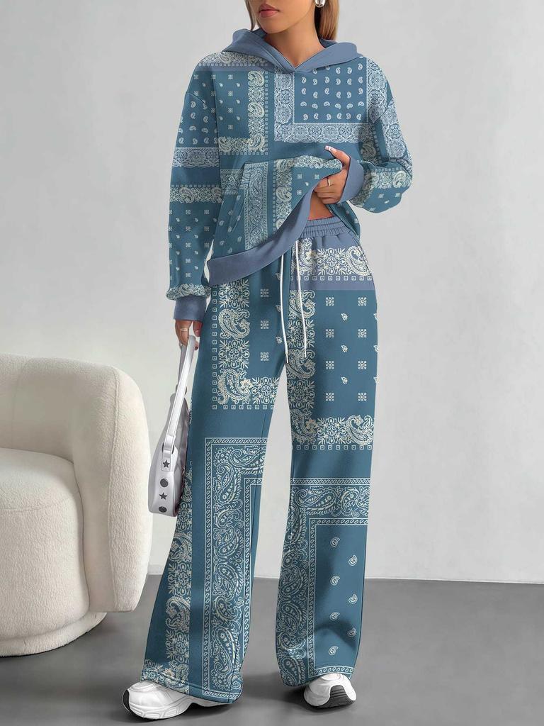 Retro Pattern European And American Autumn And Winter Casual Long-Sleeved Suit Women'S Hooded Sweater Trousers Two-Piece Set
