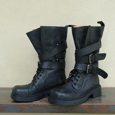 Cowhide Version~ Wasteland Handsome Locomotive Women's Boots Genuine Leather Wide Tube Martin Boots Women's Winter Thick Heel Medium Tube Knight Boots