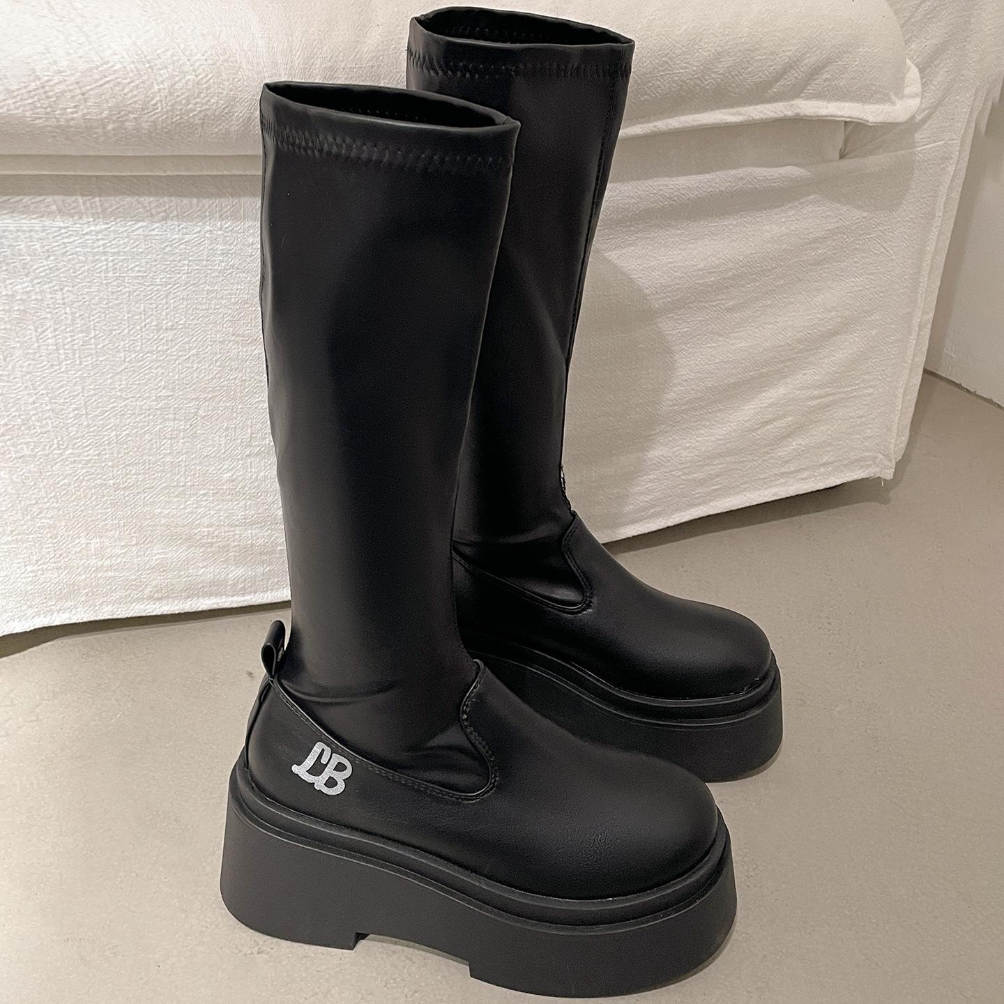 

White British style but knee thick-soled boots women s boots 2025 new autumn small height-increasing knight boots 39 чёрный