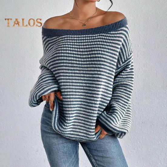 Damen-Pullover, schulterfrei, übergroß, langärmlig, Strickpullover, lockere Passform, gestreifter Druck, weiche, dehnbare Strickoberteile